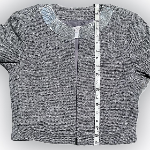 LOFT Size 6 Tweed Gray Open Cropped Jacket/Blazer Silver Metallic Sequin Collar - Picture 7 of 11